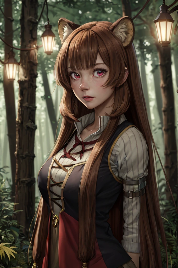 8k , masterpice, 1girl, detailed,   style anime,  Raphtalia , red eyes, brown hair , adult, breast, detailed face, detailed eyes , raccoon girl, in a dark fantasy forrest,  at night, night, dimmly lit, pine forrest, raccoon ears,