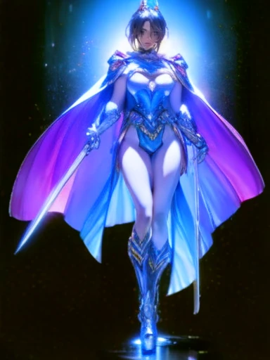  (8k), ( in exchange : 1.2), (Realistic), (Realistic: 1.37),  super high definition , 1 person, cute, smile,  Beautiful Details , narrow, (Large Breasts), RAINBOW CAPE , Rainbow Sword,  MARINE BLUE HEAVY ARMOR  ,  transparent  ,  SEXY MUSCULAR WOMAN BODY, whole body.length, Thin legs、Glowing Sword、whole body、 floating in the air  