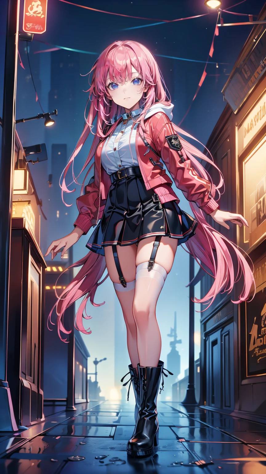 (8k， Obla Prima ， of the highest quality and best， hyper detail ，Realistically)，  Highly Detailed Face ，Cinema Lighting， ray tracing， hair disappeared ，  cloudy street ，Bright Street，Corner Store，Staircase station ， heavy rain and heavy rain ， girl with long pink hair and dark eyes ， he laughed a lot ， she's wearing a red hooded jacket，Wearing a hood，white collar blouse， black short skirt and black garter belt ， martin boots，Rain-soaked clothes， black exposure ，Outdoor campsites ，
