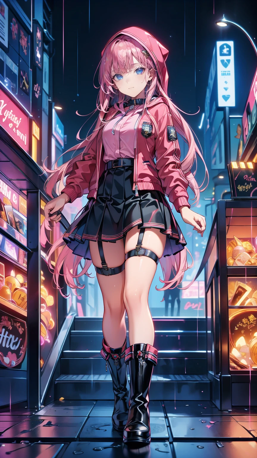 (8k， Obla Prima ， of the highest quality and best， hyper detail ，Realistically)，  Highly Detailed Face ，Cinema Lighting， ray tracing， hair disappeared ，  cloudy street ，Bright Street，Corner Store，Staircase station ， heavy rain and heavy rain ， girl with long pink hair and dark eyes ， he laughed a lot ， she's wearing a red hooded jacket，Wearing a hood，white collar blouse， black short skirt and black garter belt ， martin boots，Rain-soaked clothes， black exposure ，Outdoor campsites ，
