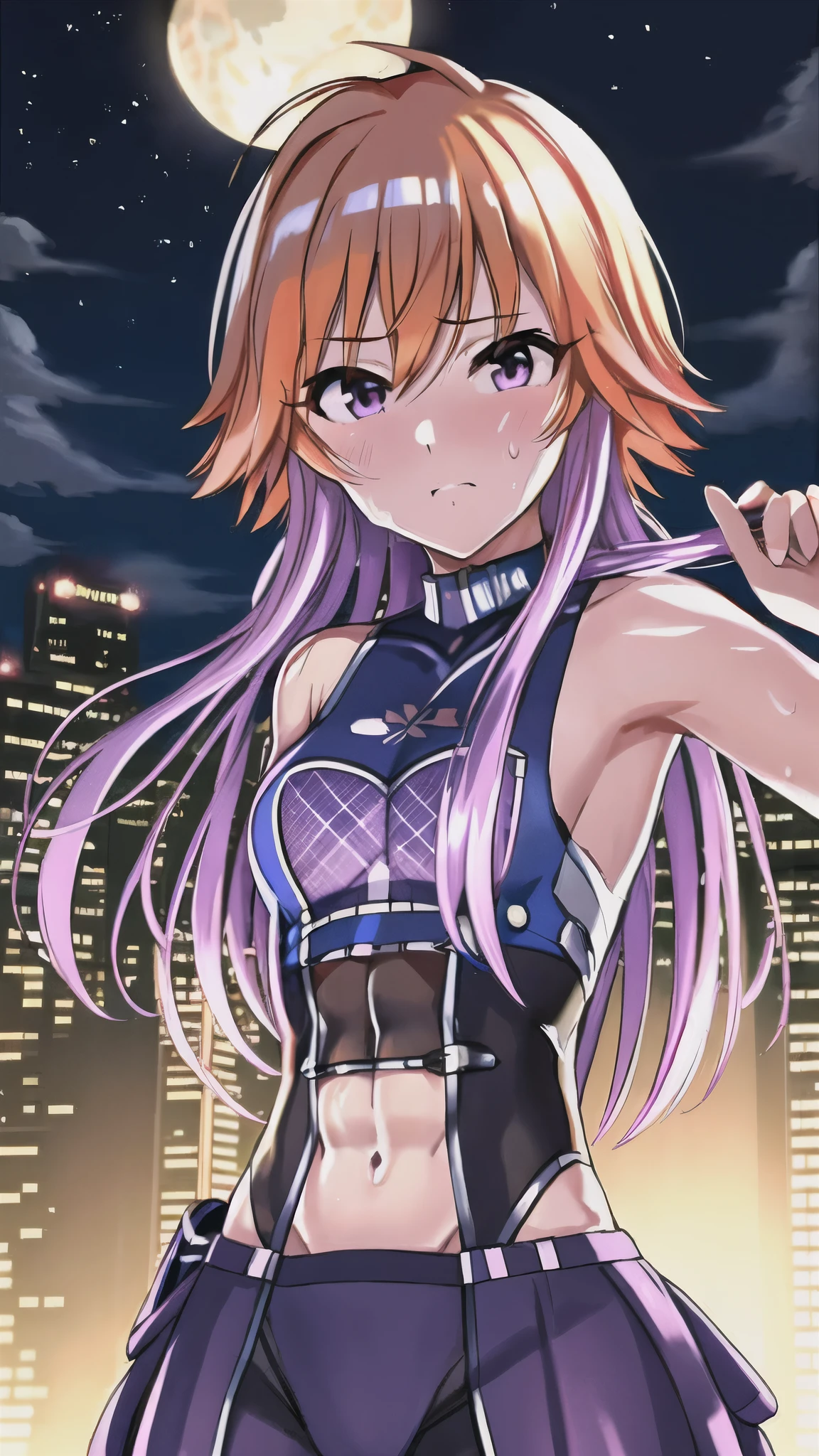  Kampala, accurate,  ultra-fine,  very detailed , Asuka Ninomiya,Alone,  1 girl, Orange Hair  ,Long Hair,bangs,  Purple Hair,  purple eyes,Painful face、 Tight clothing、  cowboy shots、  WATCH VIEWERS 、  Blue Hero Suit  、    blue bodysuit  、Tight Suit、(( Trained abdominal muscles))、（  Trained Biceps  ）、( building:1.2)、Night view、 Excessive sweating on the face, 