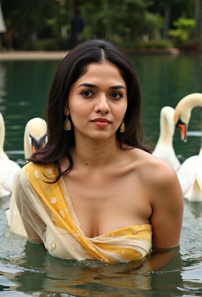 1girl, Yamig, extremely detailed upper half body,, Yamig, goddess of lust,, ultra realistic, detailed cleavage,  in a pond with swans, photorealistic, 8k, hyperrealistic, intricate details, dramatic lighting, vivid colors, dramatic shadows, oil painting, renaissance art style, classical indian art style, raja ravi varma, highly detailed face, piercing eyes, full lips, long eyelashes, elegant pose