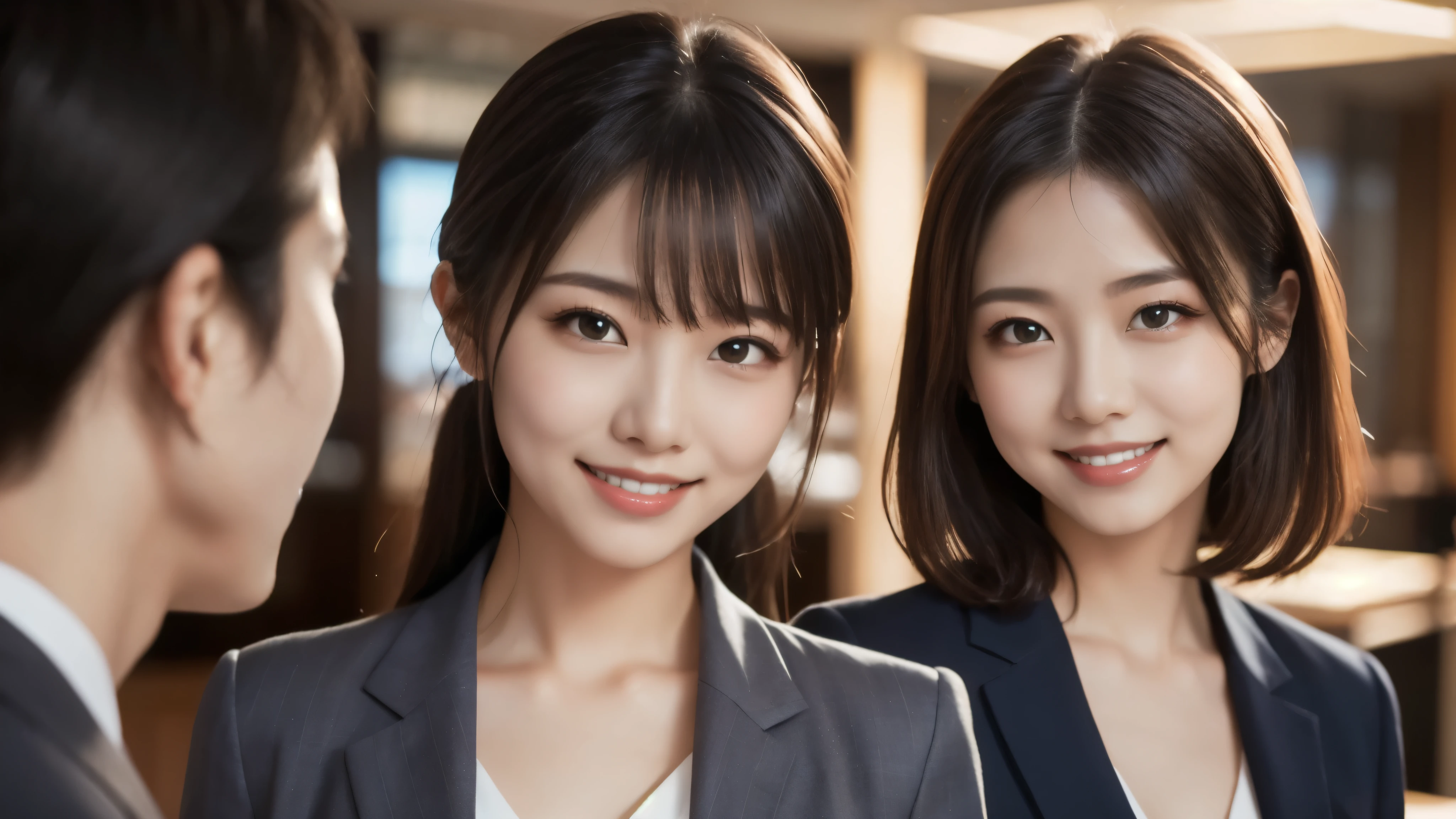 8k、 best quality 、Ultra Wide Angle Monofocal Lens  、(Representative Works:1.2)、(Genuine)、(Genuine:1.37)、Ultra-fine、One young woman、Beautiful teeth alignment、smile、Well-formed fingers、  ponytail、 office、(suit)、Big Breasts、  perfect bodies  、 Perfect Fingers、Beautiful Skin、 Professional Lighting、Face and skin detail 、Microparticles、RAW Photos