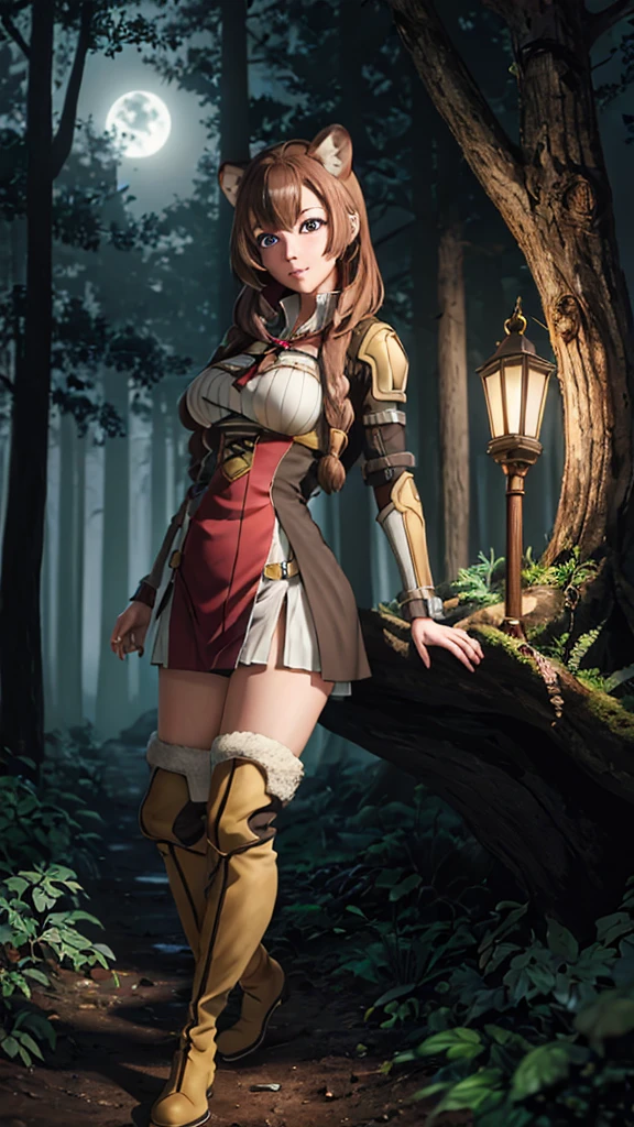 8k , masterpice, 1girl, detailed,   style anime,  Raphtalia , red eyes, brown hair , adult, breast, detailed face, detailed eyes , raccoon girl, in a dark fantasy forrest,  at night, night, dimmly lit, pine forrest, raccoon ears, full body, knee high boots