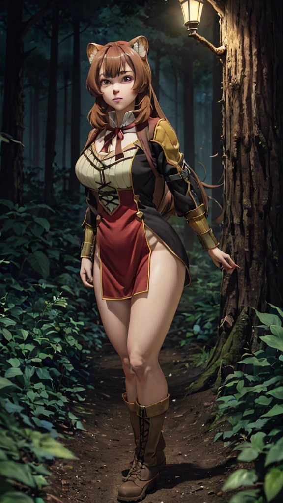 8k , masterpice, 1girl, detailed,   style anime,  Raphtalia , red eyes, brown hair , adult, breast, detailed face, detailed eyes , raccoon girl, in a dark fantasy forrest,  at night, night, dimmly lit, pine forrest, raccoon ears, full body