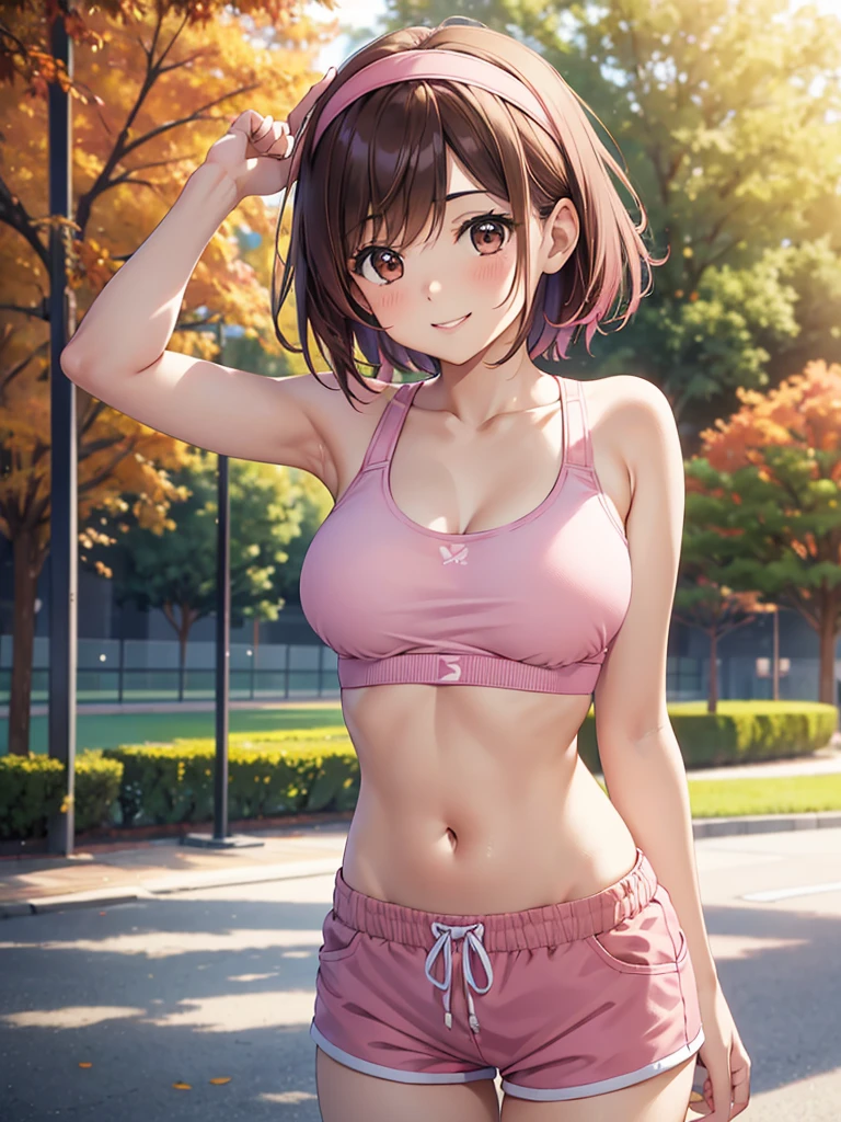  Kampala,cute, Brown Eyes ,Brown Hair,20-year-old woman,solo,Five beautiful fingers, pink sports bra , pink shorts, pink hair band ,smile,B Cup, short hair,Looking at the camera,Blurred Background,Autumn park,