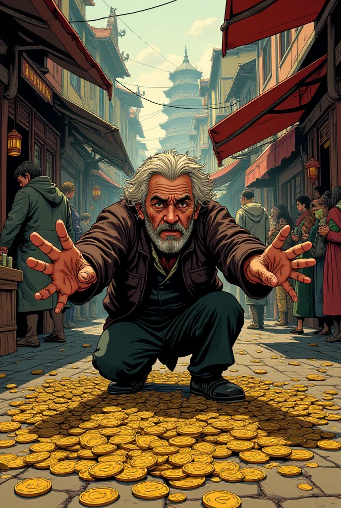 Comic book style, illustration, manga, cinematic style,
A merchant loses his money and it falls to the ground