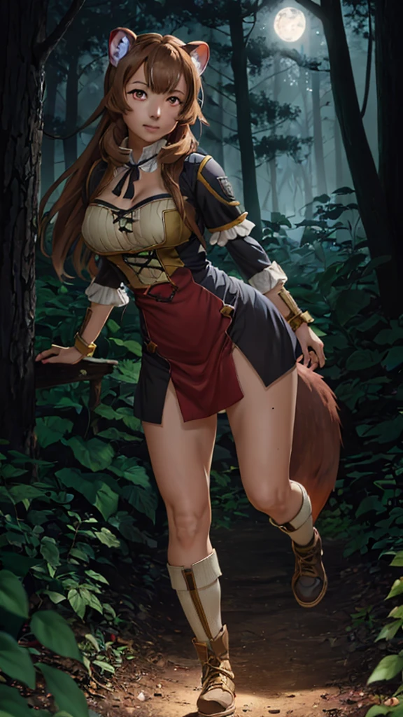 8k , masterpice, 1girl, detailed,   style anime,  Raphtalia , red eyes, brown hair , adult, breast, detailed face, detailed eyes , raccoon girl, in a dark fantasy forrest,  at night, night, dimmly lit, pine forrest, raccoon ears, full body