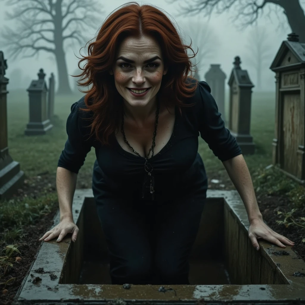 Photorealistic, cinematic style, a foggy cemetary. open grave. A woman is climbing out of the grave. Her legs are hidden from the view but her upper body is visible. Camera is on the grassroot level. She is a mature beautiful British woman. She has Brown eyes, downturned eye shape. looking in the camera. Scary smile. She has long reddish-brown hair, undercut hairdo. Some earth in her hair. Black dress. Perfect hand,HDR, intricate details, scary
