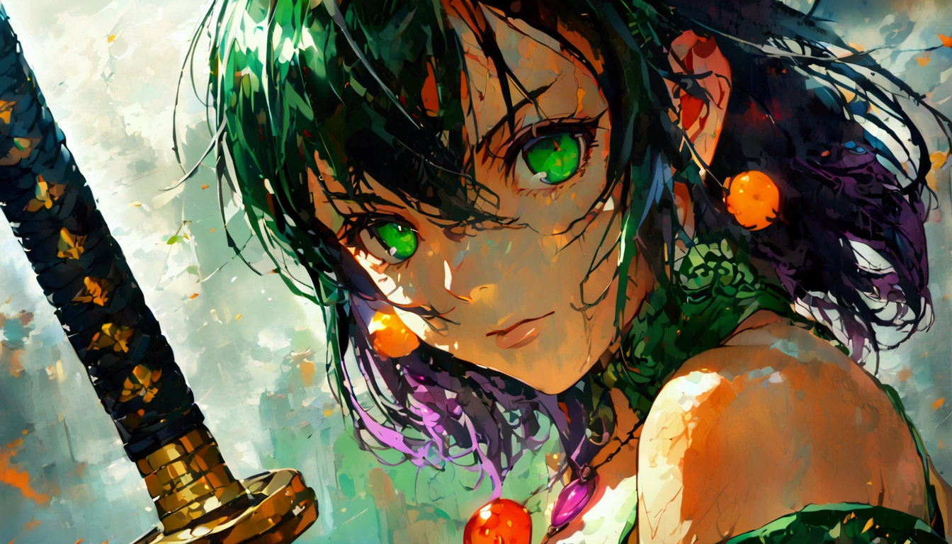 1girl, green eyes, purple pendant, orange hair, medium hair +++ yellow pantyhose, green dress, lightgreen shirt, green boots Hiding face with arm, looking to the side, extremely quality extremely detailed, illustration, cute anime face cinematic lighting,A  fighting monsters with a sword in his hand 、 wears white pants , Black sweatshirt,  black hair with black bangs and red anime eyes