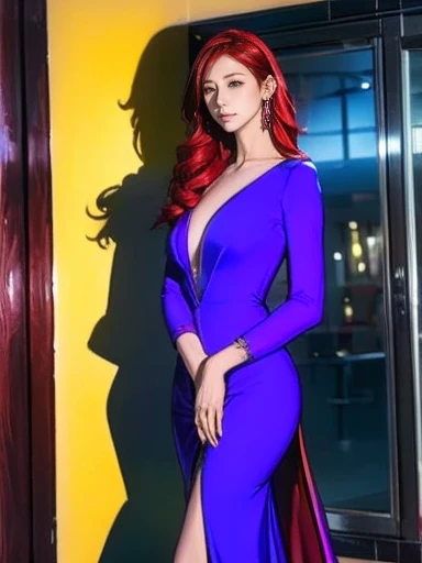  woman with a sword wearing a purple coat、Tall red hair 、 long dress with slit 、