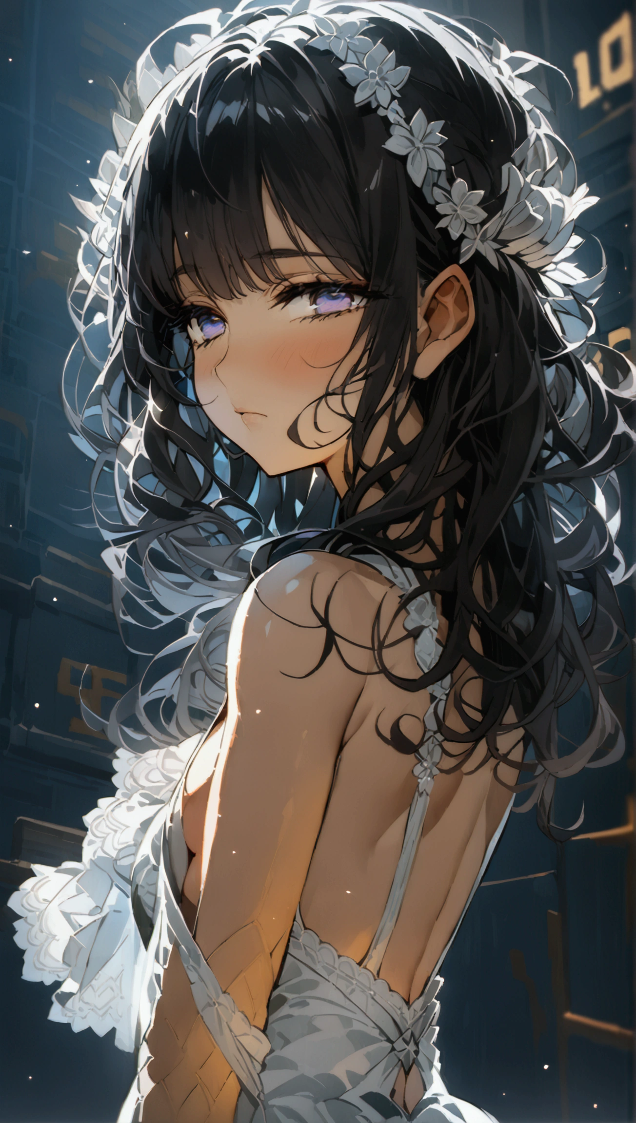 score_9, score_8_up, score_7_up, masterpiece, ultra-detailed, pretty eyes, Anime Style, nsfw,  long hair, hime cut, black hair, half Closed Eyes, white backless dress, Simple background, full body shot, standing