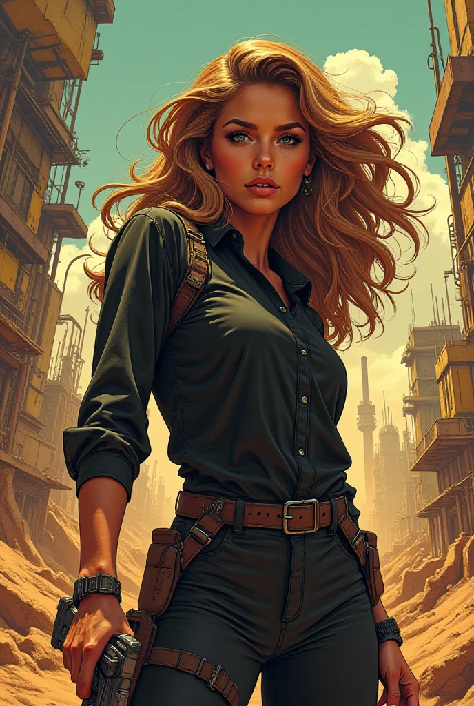 Comic book style, illustration, manga, cinematic style,
((Best quality)), ((Masterpiece)), (hyper detailed:1.3),8k, 3D,HD, beautiful (:1.3) ((Woman with wavy and voluminous hair in modern style:1.5)).,((with weapon in hand)), (((futuristic background in the style of the movie "Mad Max")))