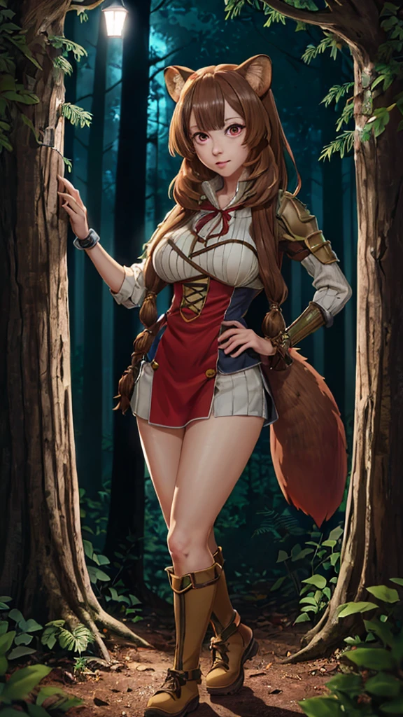 8k , masterpice, 1girl, detailed,   style anime,  Raphtalia , red eyes, brown hair , adult, breast, detailed face, detailed eyes , raccoon girl, in a dark fantasy forrest,  at night, night, dimmly lit, pine forrest, raccoon ears, full body