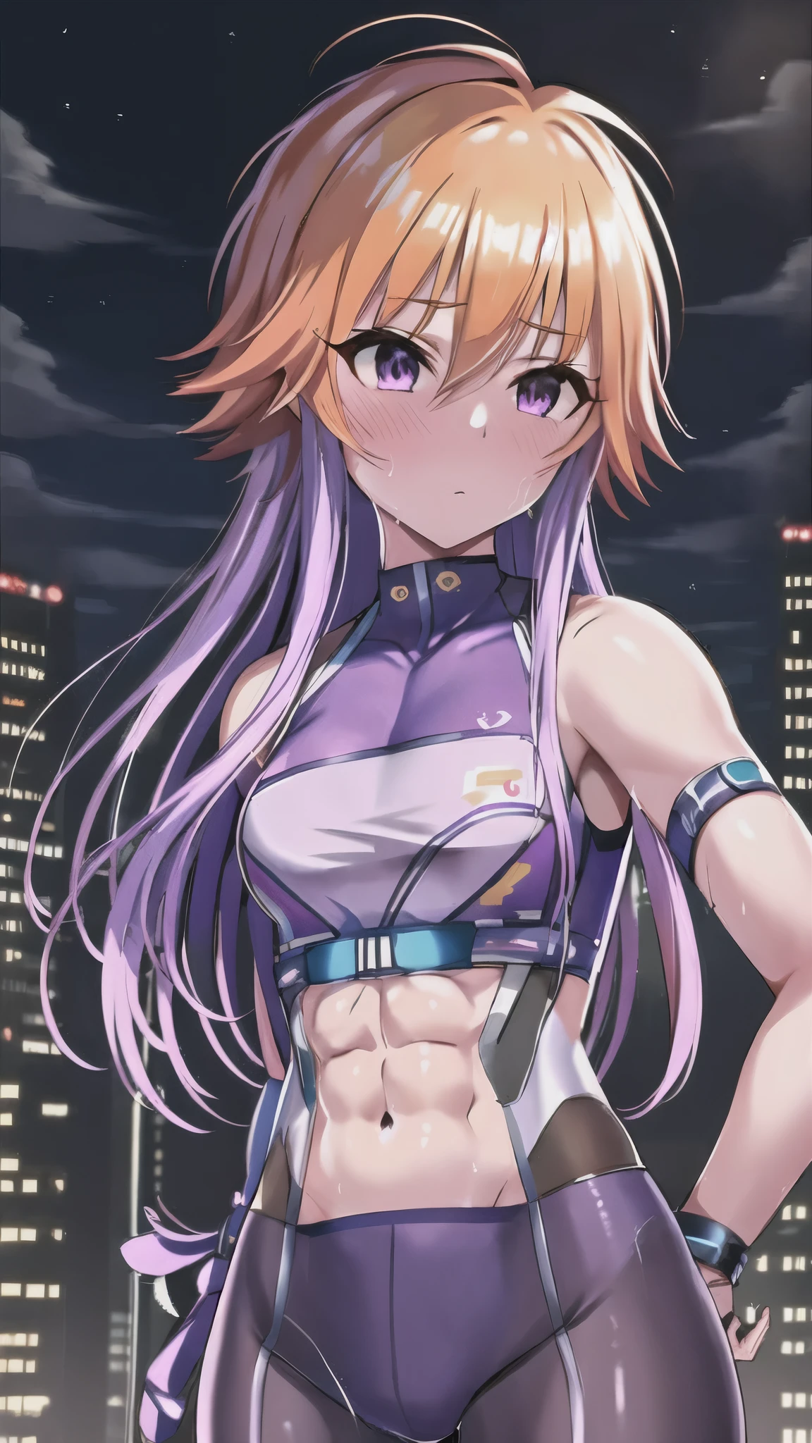  Kampala, accurate,  ultra-fine,  very detailed , Asuka Ninomiya,Alone,  1 girl, Orange Hair  ,Long Hair,bangs,  Purple Hair,  purple eyes,Painful face、 Tight clothing、  cowboy shots、  WATCH VIEWERS 、  Blue Hero Suit  、    blue bodysuit  、Tight Suit、(( Trained abdominal muscles))、（  Trained Biceps  ）、( building:1.2)、Night view、 Excessive sweating on the face, 