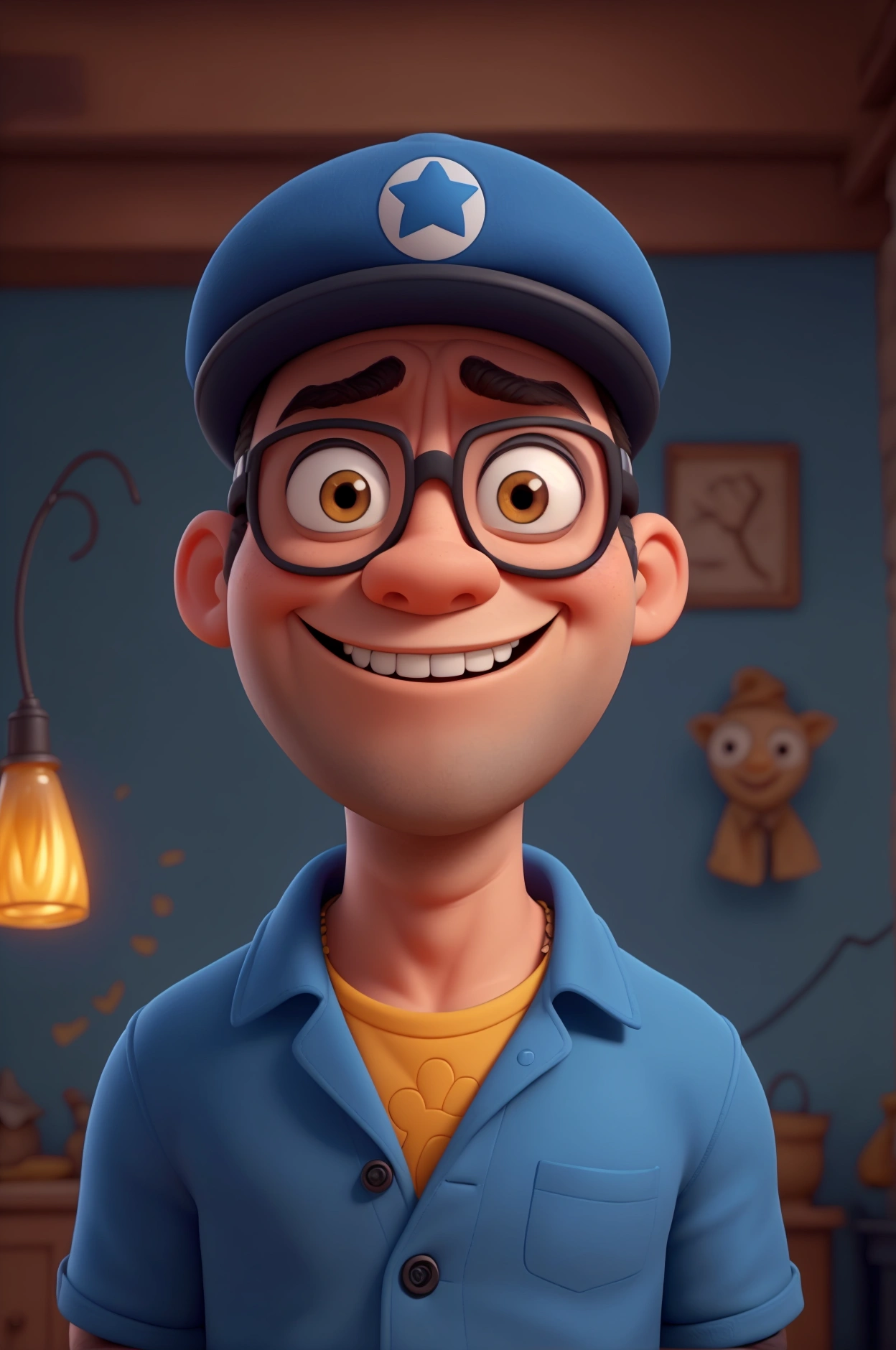  A funny 3D character , not disney-pixar style,  of a happy tinker , with black skin. He has big, expressive eyes,  and a thick, rounded nose ,  that gives him a fun look .  is standing,  in front of the camera ,  with hands around waist,  in a confident and relaxed pose .  It wears a royal blue jumpsuit with pockets ,  zippers and the logo of  " LAAV Cursino Funilaria Express " in the chest,  blue gloves and a blue cap .  His safety glasses hang around his neck and he wears large ear protectors. He is smiling, conveying friendliness and professionalism. 

 The scene takes place in a large luxury body shop ,  with several high-end SUVs in the background , slightly blurred .  The camera has a light bokeh effect ,  creating a cinematic atmosphere .  The environment is well lit for a lot of cold lights on the ceiling ,  shaped like a tube lamp , } that create a geometric pattern on the ceiling . 