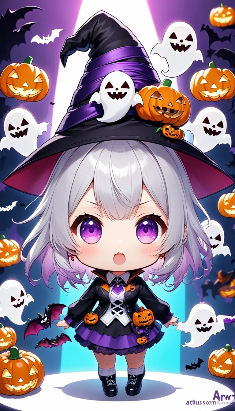 High Quality, Two Women, Beautiful blonde girl in mummy costume, one eye hidden by bandages, AND hooded little silver-haired girl, double teeth, bat wings, AND cute, night, jack-o-lantern