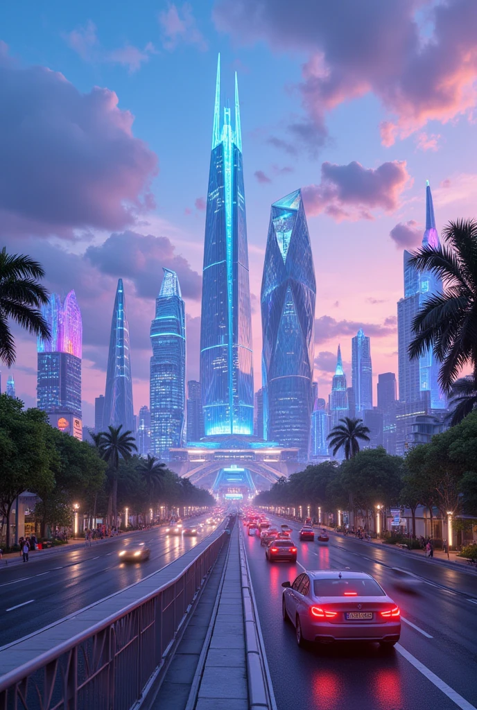  A futuristic city with crystal towers , cars pain , illuminated by neon lights ,  people stroll on suspended streets and high bridges ,  there are trees and plants between the streets and buildings and towers rise to the blue and pink sky in the background,  there is a giant tower in the center of the city all made of transparent crystal ,  and the entire city is surrounded by a huge wall  