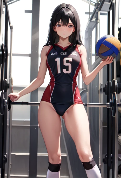 One woman raped by two men　Black long hair　Very Skinny　Model body type　 volleyball uniform　gym　A very beautiful and focused expression　Digging into the crotch　