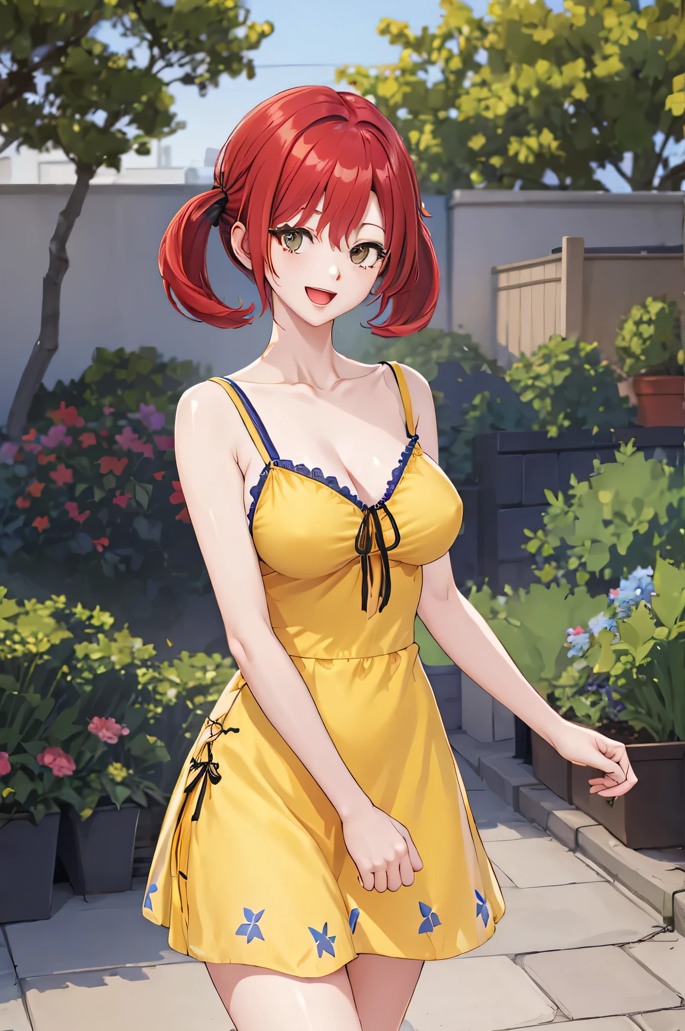 masterpiece、 best quality 、DigiNokia 、1woman、Red Hair、 twin tails、 yellow sundress 、looking at viewer、 cowboy shot、Female focus、 very big breasts、collarbone、 :d、garden、city、 sunset edgySD 、woman wearing a   yellow sundress 、