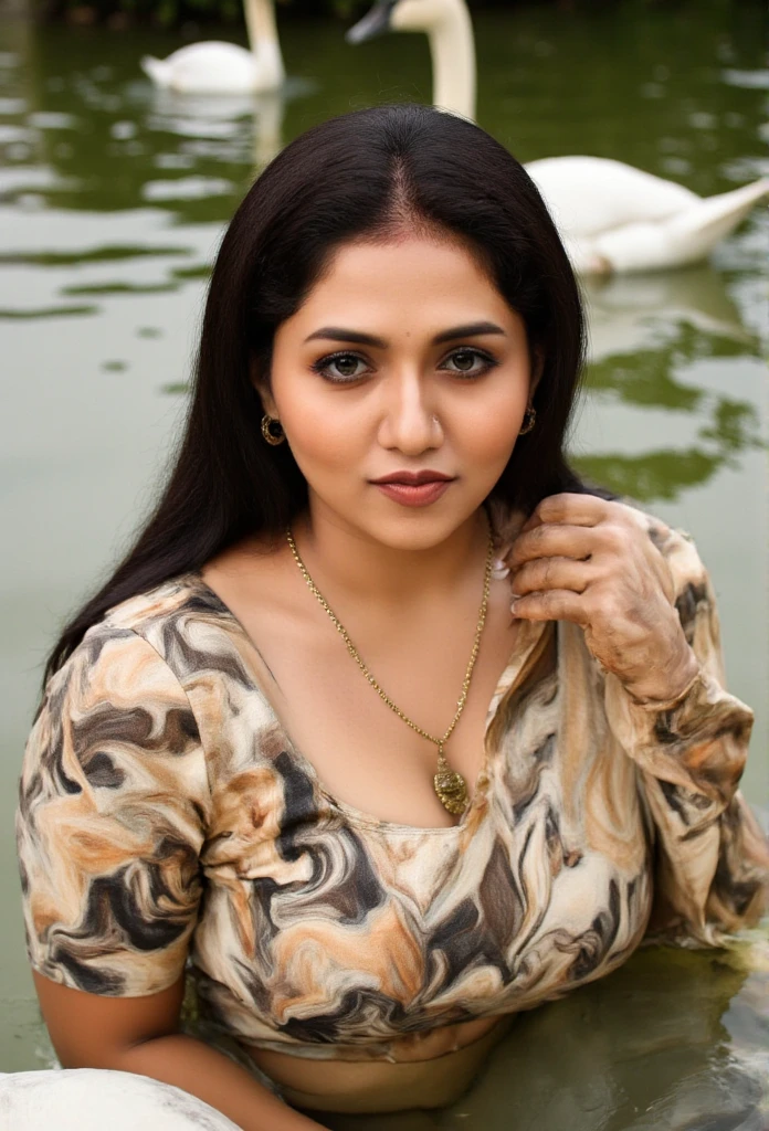 1girl, Yamig, extremely detailed upper half body,, Yamig, goddess of lust,, ultra realistic, detailed cleavage,  in a pond with swans, photorealistic, 8k, hyperrealistic, intricate details, dramatic lighting, vivid colors, dramatic shadows, oil painting, renaissance art style, classical indian art style, raja ravi varma, highly detailed face, piercing eyes, full lips, long eyelashes, elegant pose