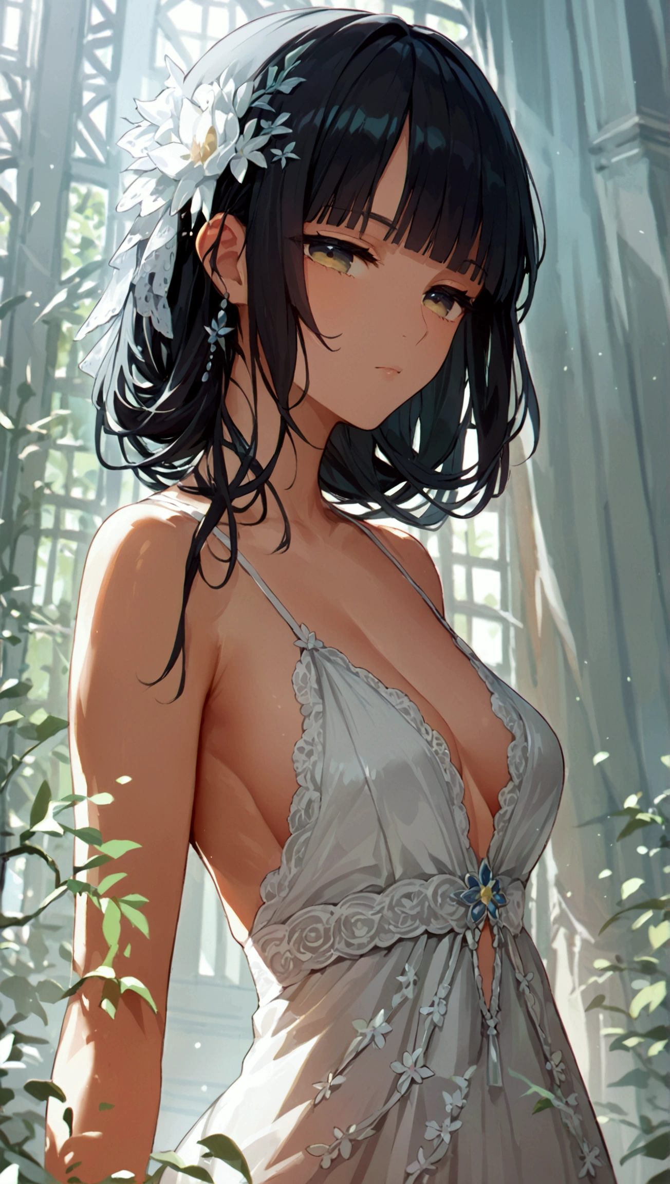 score_9, score_8_up, score_7_up, masterpiece, ultra-detailed, pretty eyes, Anime Style, nsfw, long hair, hime cut, black hair, half Closed Eyes, white backless dress, Simple background, full body shot, standing