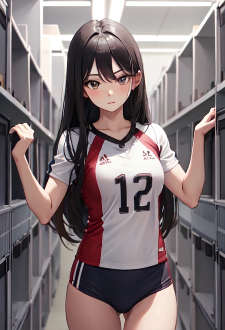 One woman raped by two men　high quality　High image quality　Black long hair　Very Skinny　Model body type　 volleyball uniform　Dark gym storeroom