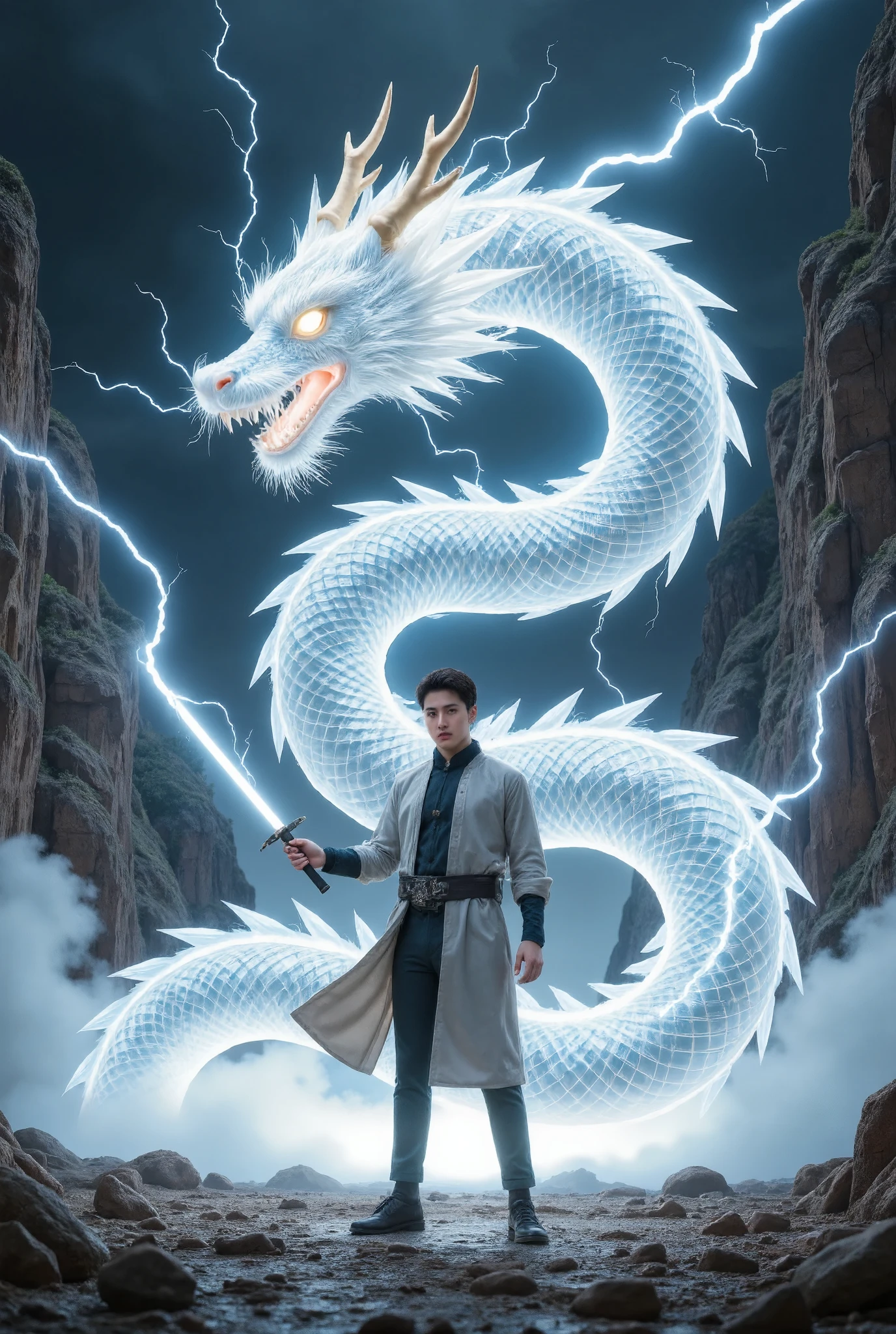 can you create a bleach-style swordsman, all the lines are lightning , tạo ra hình con rồng sấm sét ??? like he is in the dragon's head , The body has no texture , the dragon is entirely composed of lightning , The swordsman is one person , his sword emits lightning , can you create a bleach-style sấm sét , the dragon head covers the swordsman , forms a Chinese dragon around him