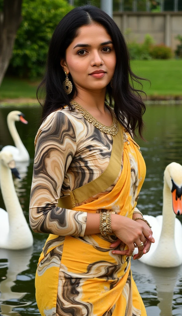 1girl, Yamig, extremely detailed upper half body,, Yamig, goddess of lust,, ultra realistic, detailed cleavage,  in a pond with swans, photorealistic, 8k, hyperrealistic, intricate details, dramatic lighting, vivid colors, dramatic shadows, oil painting, renaissance art style, classical indian art style, raja ravi varma, highly detailed face, piercing eyes, full lips, long eyelashes, elegant pose