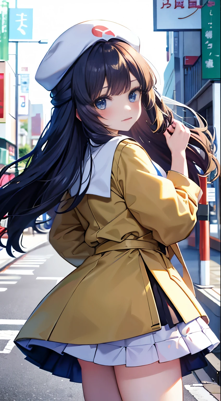  Dark hair ， Blue Eyes，，Long hair，  pretty Woman ， white top，brown short skirt，Green coat，hat ，Xiaoguang《Pokémon》Urban Background，blush，Japanese high school students