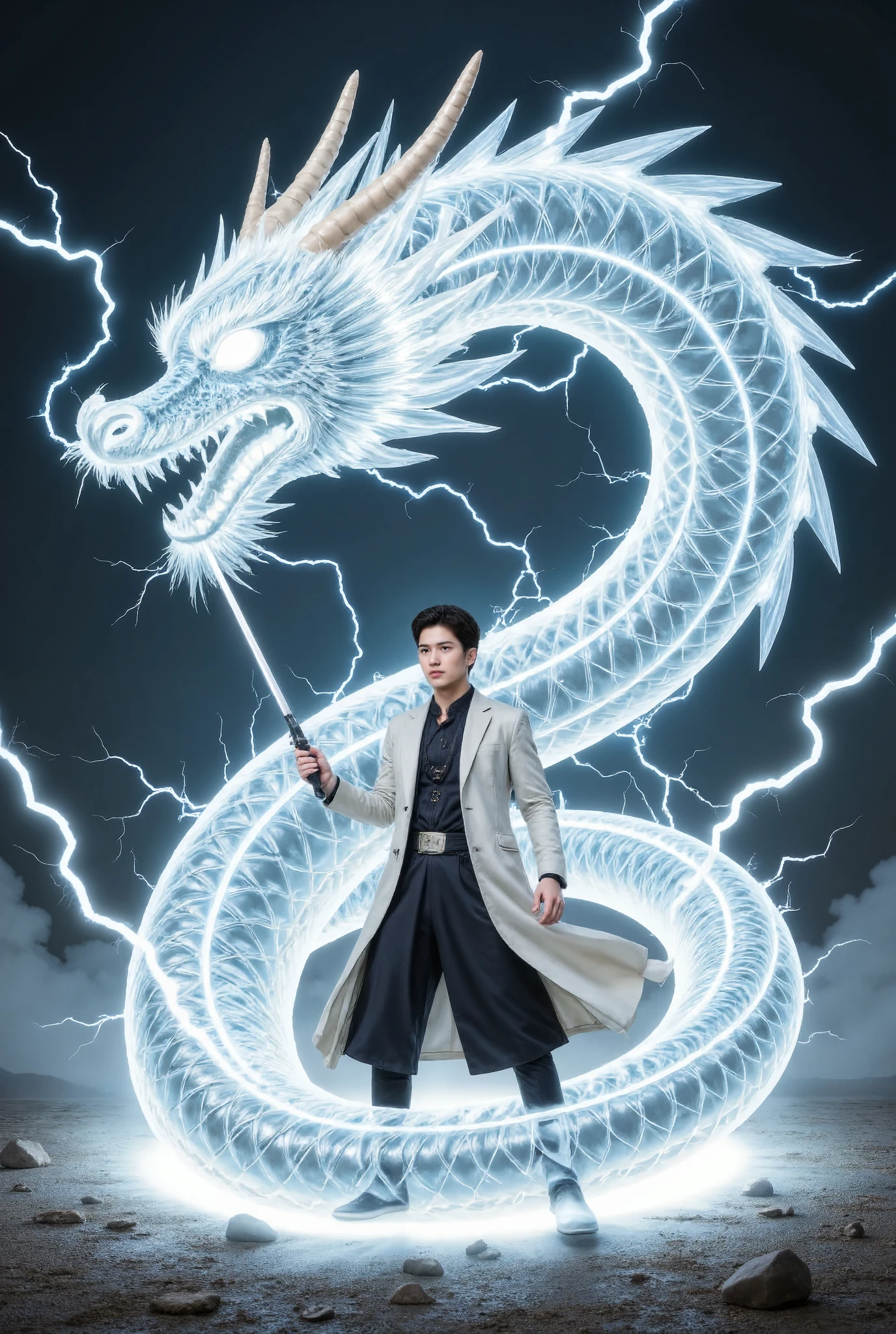 can you create a bleach-style swordsman, all the lines are lightning , tạo ra hình con rồng sấm sét ??? like he is in the dragon's head , The body has no texture , the dragon is entirely composed of lightning , The swordsman is one person , his sword emits lightning , can you create a bleach-style sấm sét , the dragon head covers the swordsman , forms a Chinese dragon around him