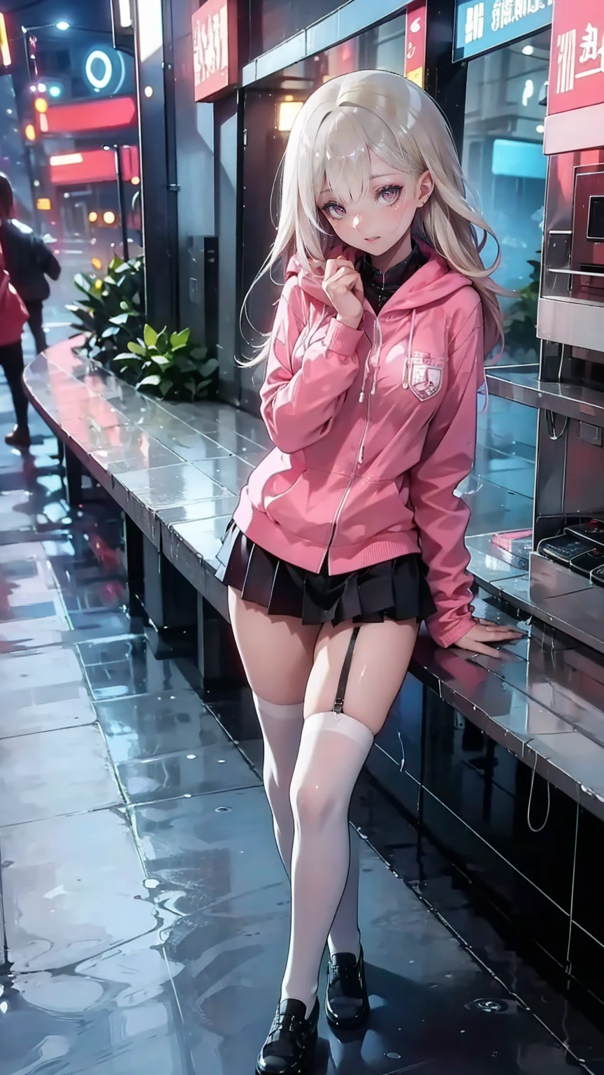 (8k， Obla Prima ， of the highest quality and best， hyper detail ，Realistically)，  Highly Detailed Face ，Cinema Lighting， ray tracing， hair disappeared ，  cloudy street ，Bright Street，Corner Store，Staircase station ， heavy rain and heavy rain ， girl with long pink hair and dark eyes ， he laughed a lot ， she's wearing a red hooded jacket，Wearing a hood，white collar blouse， black short skirt and black garter belt ， martin boots，Rain-soaked clothes， black exposure ，Outdoor campsites ，
