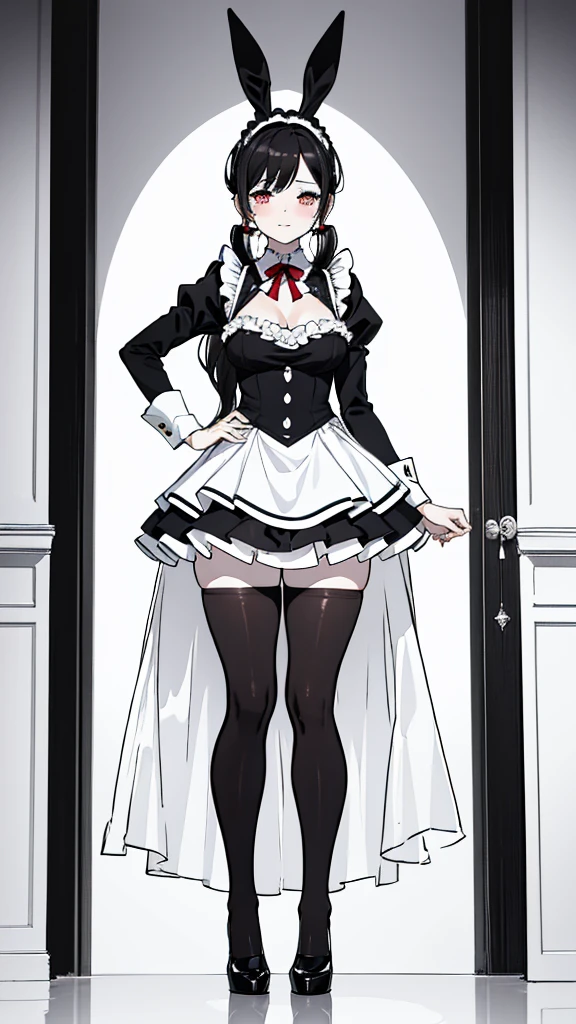 ((adorable, cute, kawaii)), Masterpiece, 1woman, medium hair, black hair, blue eyes, perfect face, perfect body, medium , smile, ((sexy white maid leotard)), ((transparent, see-through)), visible nipples, visible vagina, white gloves, ((black thighhigh boots)), castle, indoor, standing, full body