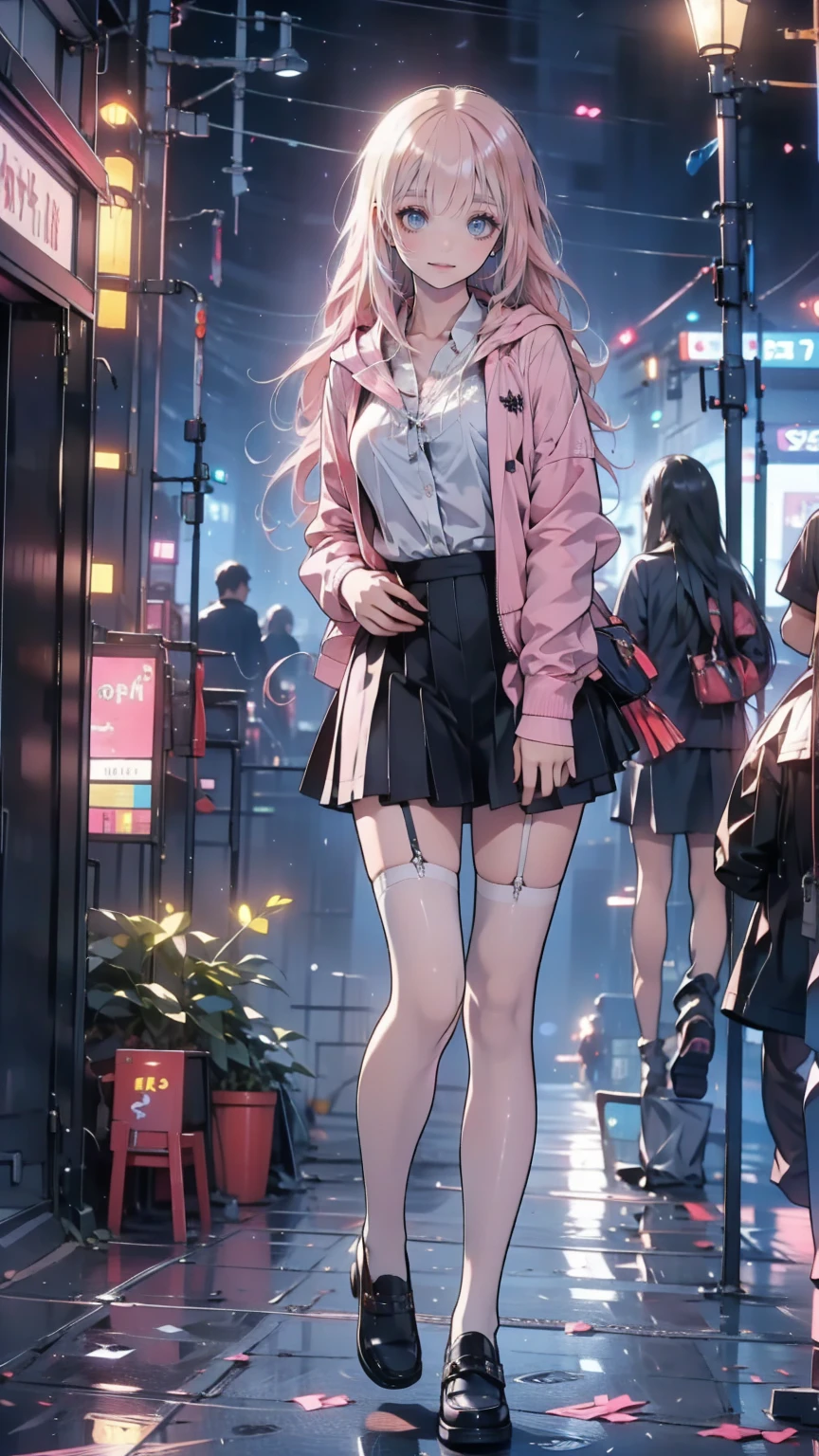 (8k， Obla Prima ， of the highest quality and best， hyper detail ，Realistically)，  Highly Detailed Face ，Cinema Lighting， ray tracing， hair disappeared ，  cloudy street ，Bright Street，Corner Store，Staircase station ， heavy rain and heavy rain ， girl with long pink hair and dark eyes ， he laughed a lot ， she's wearing a red hooded jacket，Wearing a hood，white collar blouse， black short skirt and black garter belt ， martin boots，Rain-soaked clothes， black exposure ，Outdoor campsites ，
