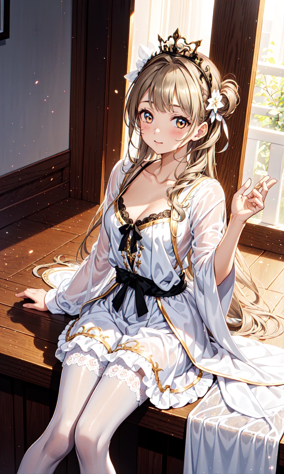 girl，，  Have Fun  ，in love，( girl in a White Modern Shirt and Robe，Wear pantyhose:1.2)，(  Black Ruffle Bow Gloves  )，Lace，wrinkle，Bubble Skirt，Lovely decoration ，  brown hair  ，  with golden eyes ， Crown of White Hair  ，透明Lace， Exquisite clothing，  alone，  Mysterious Room  ，(night:1.1)， Beautiful face ，Special hairstyle,Slightly curly hair，Reasonable human body