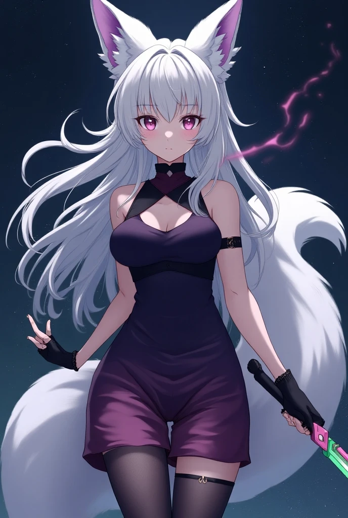 female characters, fox girl, fire fox, whole body, furry ears, white long hair, purple inner hair, white slit pupils, night sky, black long gloves, fingerless gloves, medium chest, dark purple tight-fitting dress, dark pink shorts, black legwear, no boots, butterfly knife with green blade and pink handle, big fluffy tail, 