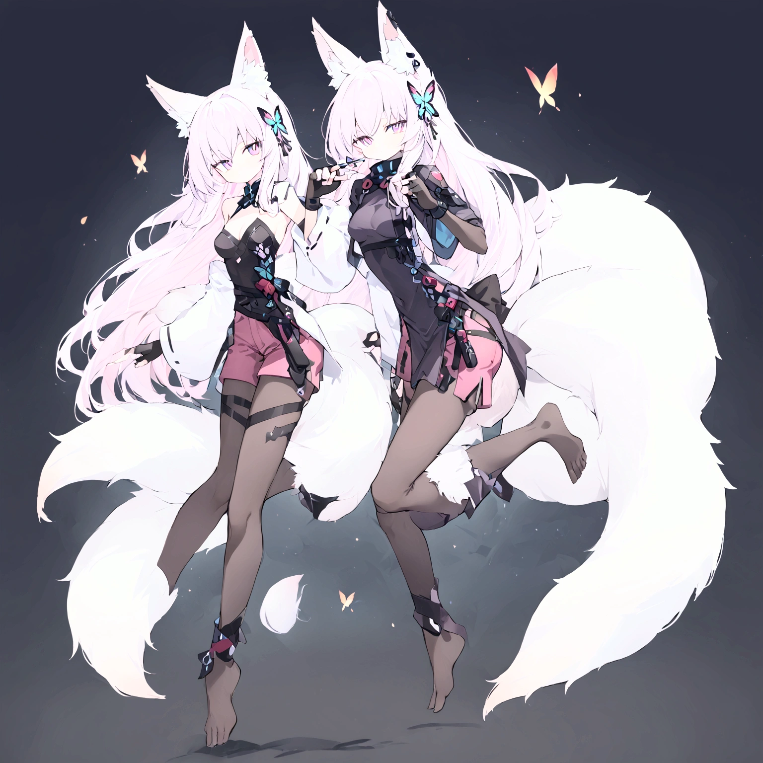 female characters, fox girl, fire fox, whole body, furry ears, white long hair, purple inner hair, white slit pupils, night sky, black long gloves, fingerless gloves, medium chest, dark purple tight-fitting dress, dark pink shorts, black legwear, no boots, butterfly knife with green blade and pink handle, big fluffy tail, 