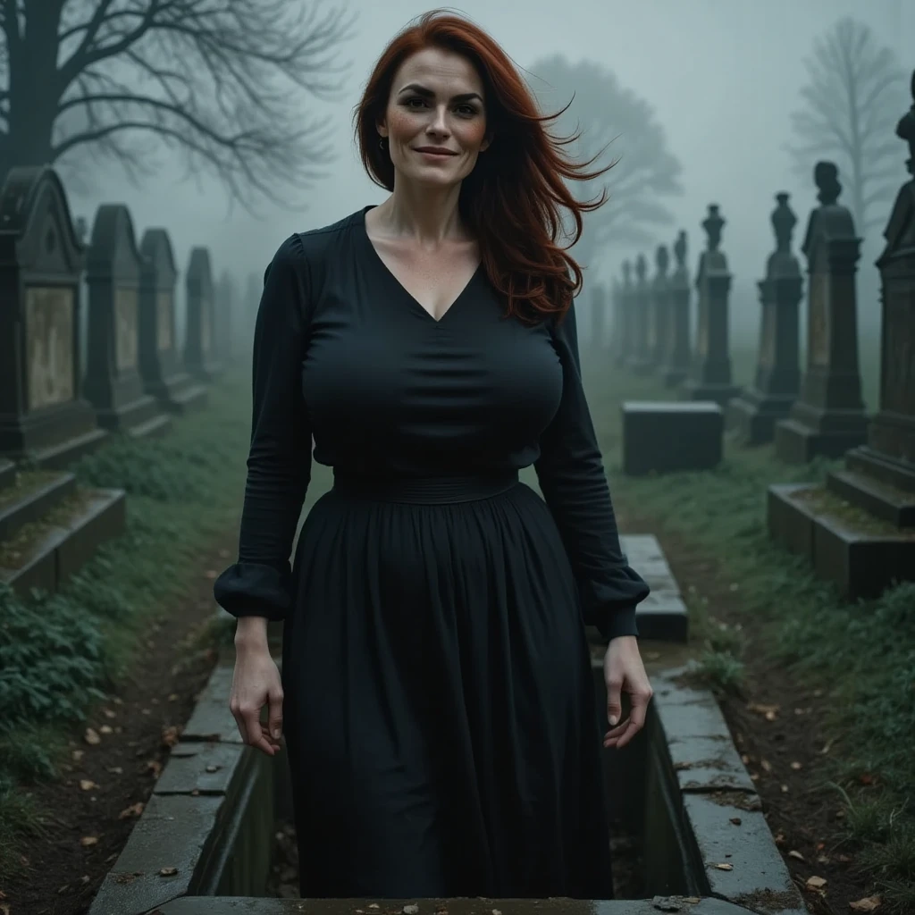 Photorealistic, cinematic style, a foggy cemetary. open grave. A woman is standing in the grave. Her legs are hidden from the view but her upper body is visible. Camera is on the grassroot level. She is a mature beautiful British woman. She has Brown eyes, downturned eye shape. looking in the camera. Scary smile. She has long reddish-brown hair, undercut hairdo. Some earth in her hair. Black dress. Perfect hand,HDR, intricate details, scary
