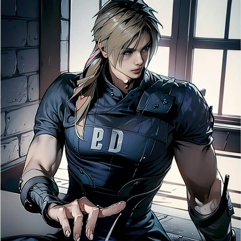 (  very detailed CG), (  best quality ), (  very detailed CG), (  best quality ), (Cloud Strife ), (Overall view) SWAT Clothing, Beautiful and attractive young man,  toned muscles, Large breasts, 