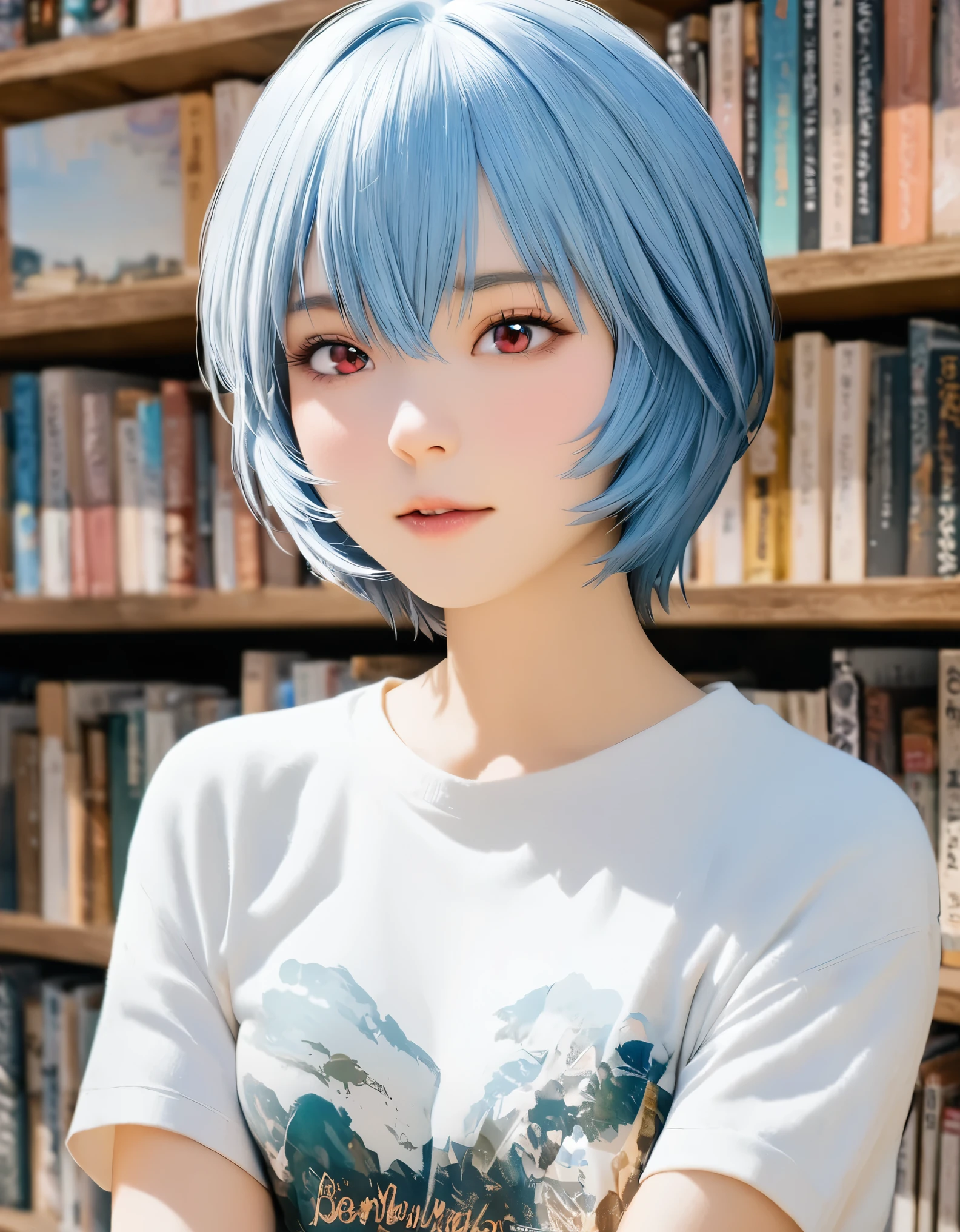 (best quality, 8k, high resolution:1.2), 1girl, ayanami_rei, Used bookstore, upper body
