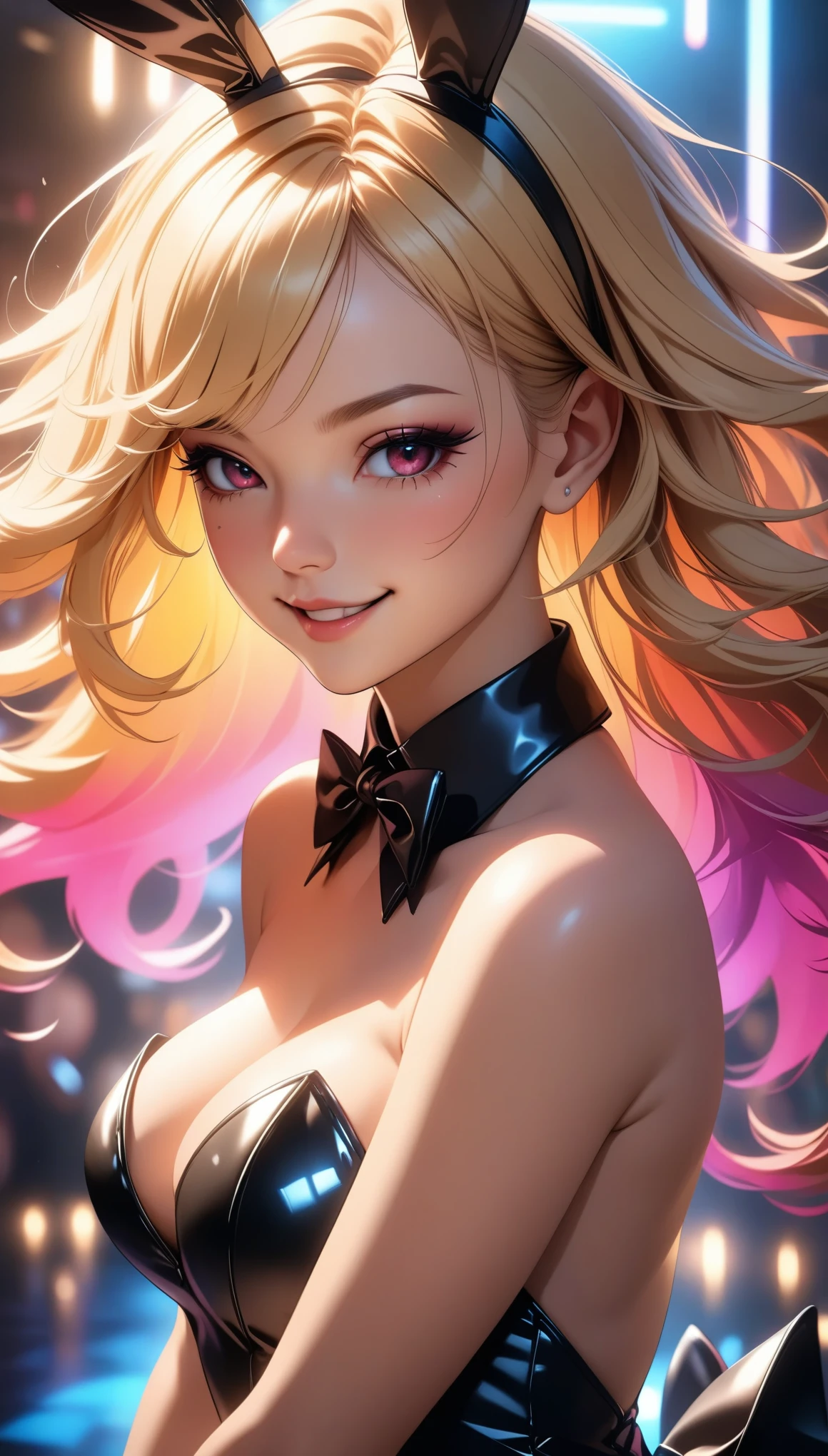 A beautiful blonde-haired woman, seductive playboy bunny, elegant black bunny girl, fingersmile, detailed facial features, intricate hair, dynamic pose, vibrant colors, cinematic lighting, photorealistic, 8k, highly detailed, masterpiece