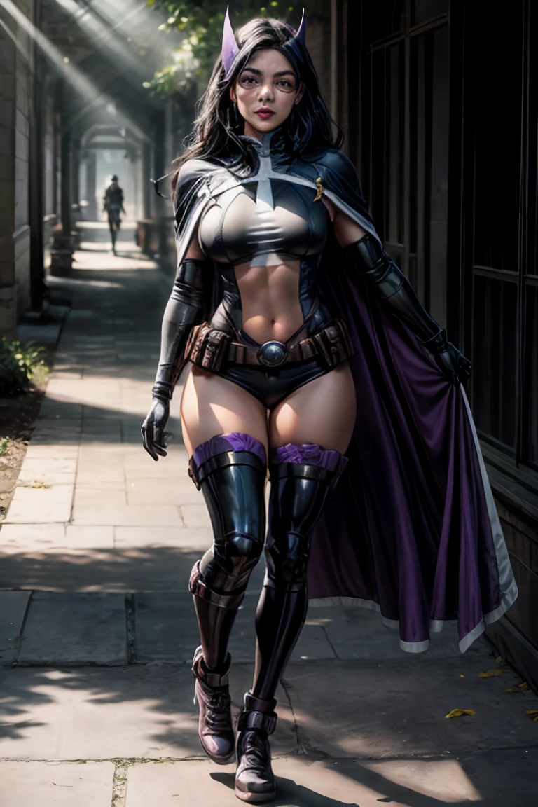 (((full body photo))) straight-on,pose,looking at viewer,solo, BREAK, CARTOON_DC_huntress_ownwaifu, www.ownwaifu.com, 
long hair, breasts, black hair, makeup, large breasts, lipstick, lips, blue eyes, red lips, 
gloves, thighhighs, cape, mask, navel, elbow gloves, superhero, midriff, belt, leotard, purple gloves, utility belt, pouch, belt pouch, domino mask, black thighhighs, purple leotard, purple thighhighs, short shorts, clothing cutout, bodysuit, impossible clothes, purple cape, navel cutout, 
(extremely detailed fine touch:1.2), (natural light, sun light, light rays, dappled light, ray tracing:1.2), masterpiece, best quality, highly quality ,official art, 8K, highres, (absurdres:1.2), (bokeh:1.2),