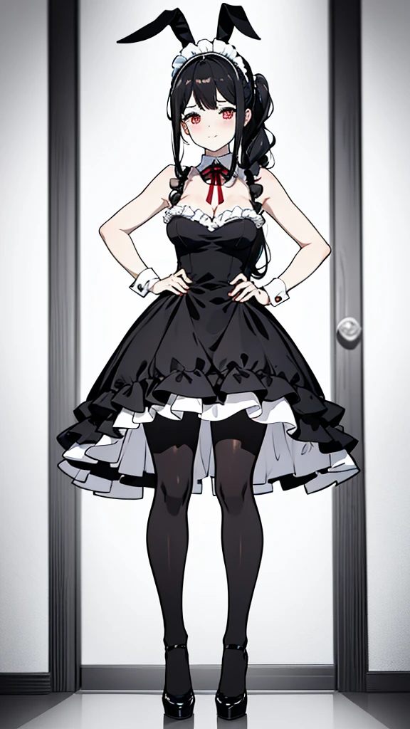 using pantimedies, wavy black hair, piercing look with deep red eyes, average stature, Silky hair with a ponytail hairstyle collected with a red bow with two white lines, with clothes, has a vagina, has breasts, cup of breasts, small breasts, slim, foreground, Session, sitting in her room, standing in his room, wearing pantyhose, using pantimedies, Picardias, short skirt, shoes, blouse with straps, blush, opening her legs making her panties visible, open legs, perfect white panty, Skirt fluttering in the wind, grabbing the skirt with both hands, from below, chubby thighs 