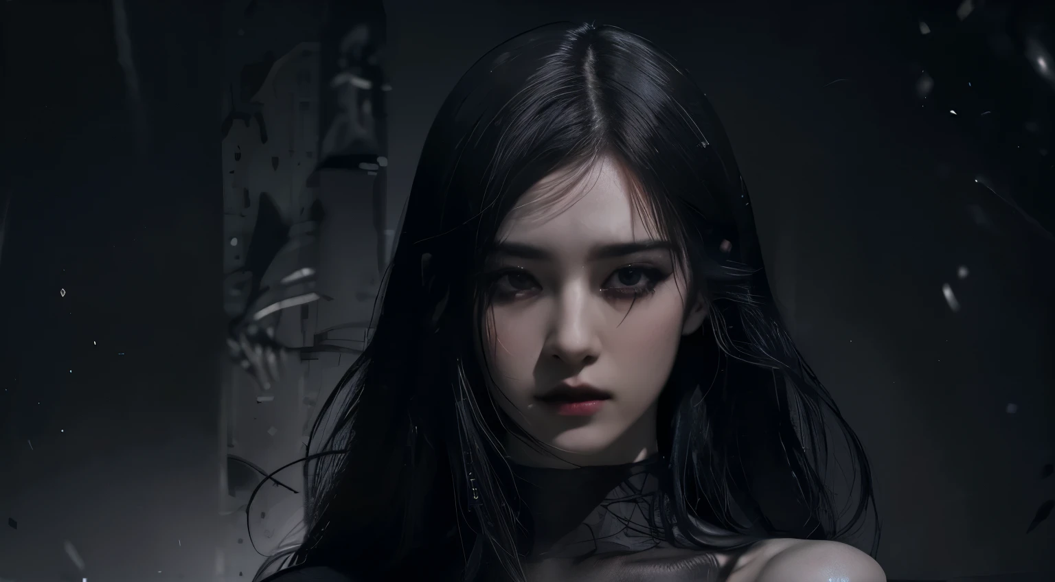 (best quality, highres:1.2), realistic, black dress, black hair, dark theme, black background, intense gaze, elegant posture, flowing dress, detailed facial features, long eyelashes, pale skin, contrast, fine details, dramatic atmosphere, gothic style, intense emotions, monochrome color palette, captivating setting, haunting beauty, artistic photography, everything is black