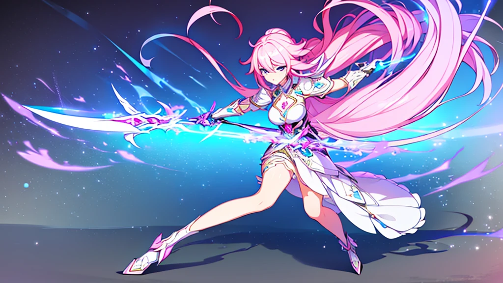 a beautiful girl with long pink hair tied with white highlights and blue eyes, beautiful face, mystical white armor with pink details and skirt, holding a sword, dynamic action pose, ultra detailed, portrait, fantasy, cinematic lighting, vivid colors, dramatic, full body art, happy expression.