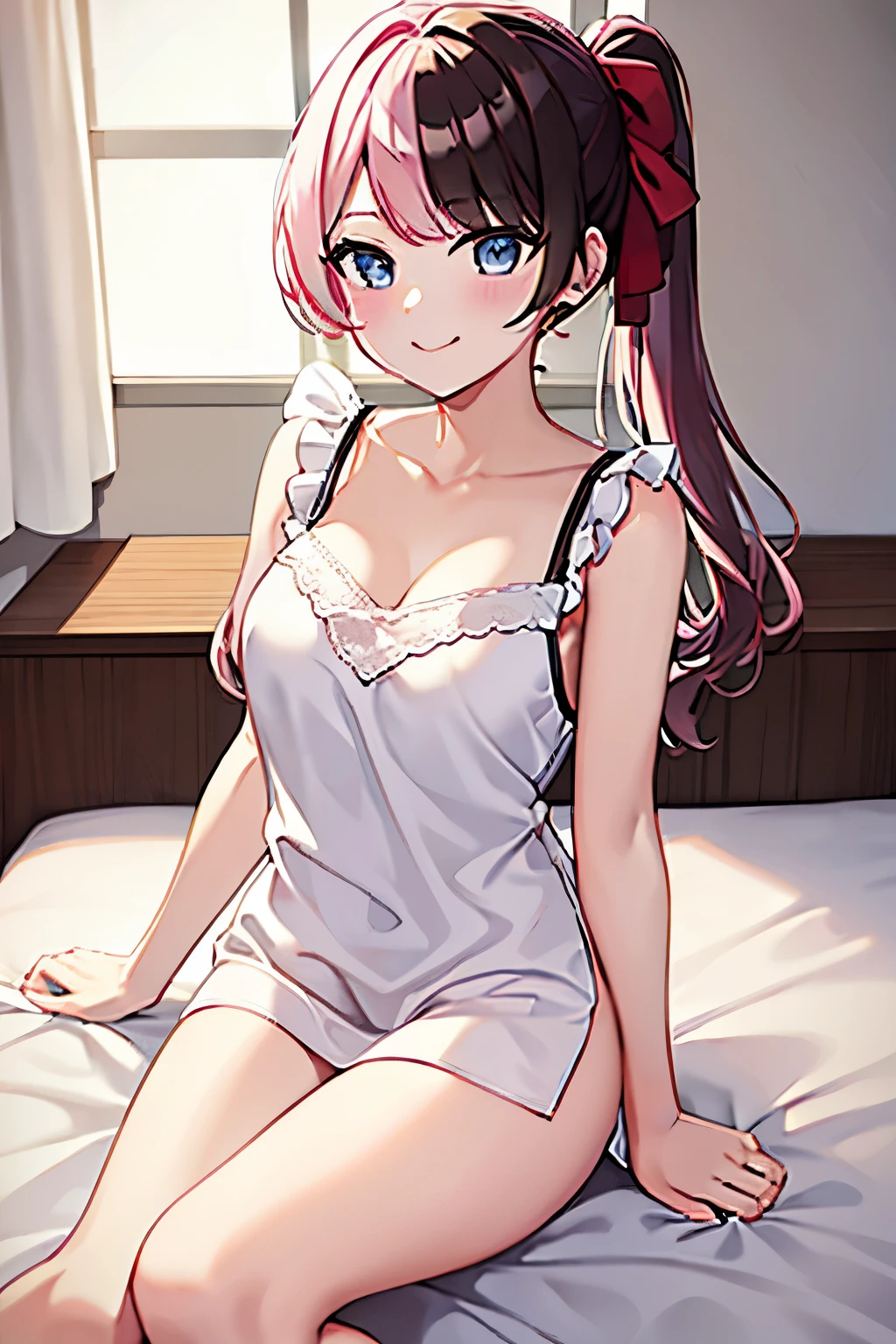  best quality , masterpiece,   white camisole、 No pants、Her breasts are an A cup、smile、  ponytail、 四つん這い、On the bed