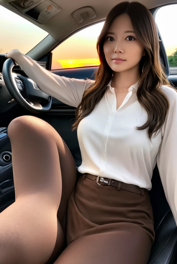 Top quality, Masterpiece, Super high res,(Photorealistic:1.4), Highly detailed, Professional lighting smile, Masterpiece, Top quality, Highly detailed, Octane rendering, Superior,(Japanese girl_woman:1.1), Japanese girl, Woman sitting in automobile, taking picture from distance, taking picture from distance, Uniform on upper body, Woman sitting in car, car door wide open, showing cunt from inside car, pubic hair black, legs spread wide, crouching, female genitalia exposed