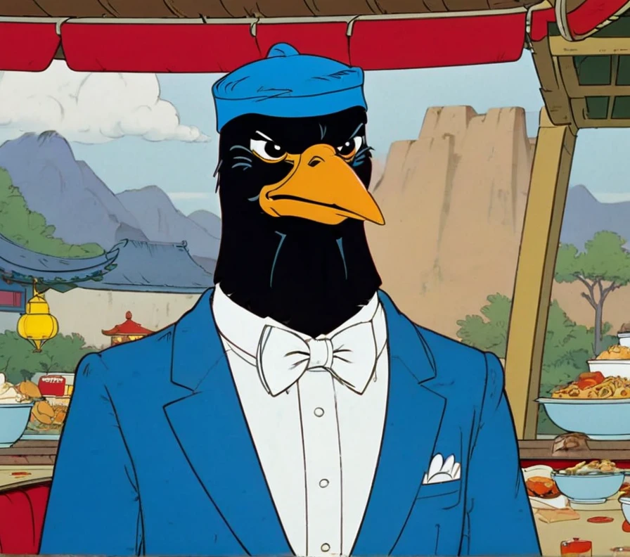 Crow, Blue Fez, White bow tie, McDonald Chinese Food, Style of Hanna-Barbera 