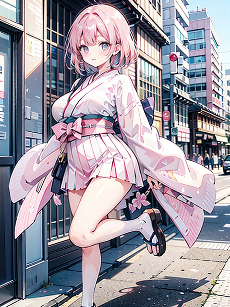 pink kimono 　 pink hair straight long　Busty　 plump thighs 　Oversized breasts　Sandals　Kyoto Downtown　Miniskirt hakama