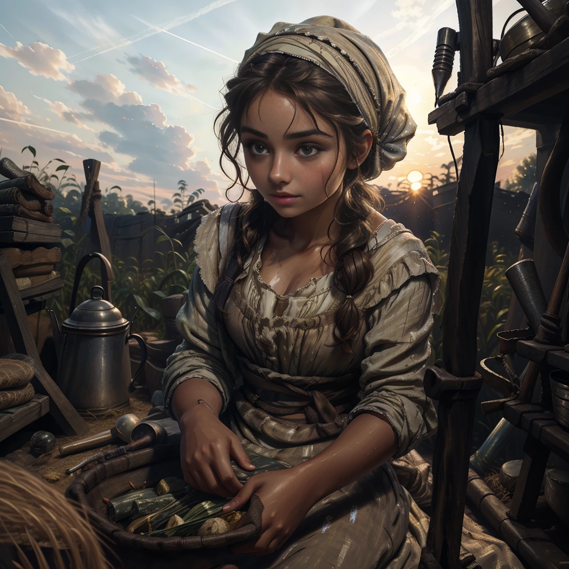 young woman with a *********** face , beautiful. Peasant, working in the field, sweating, marked breasts, At dusk, wavy brown hair,  with a headscarf.